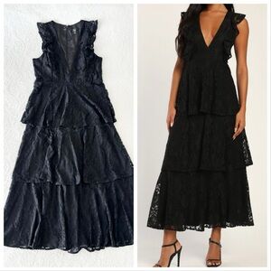 NWOT Lulus Molinetto Black Lace Ruffled Tiered Sleeveless Maxi Dress XLarge